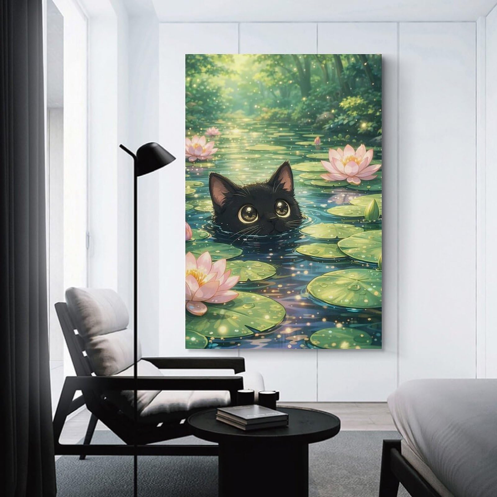Junmoney Cute Black Cat in A Lily Pond Wall Art Print 24x36inch(60x90cm), for Art Walls, Layered Displays Or Homes, Wall Decor Suited to Curated Displays
