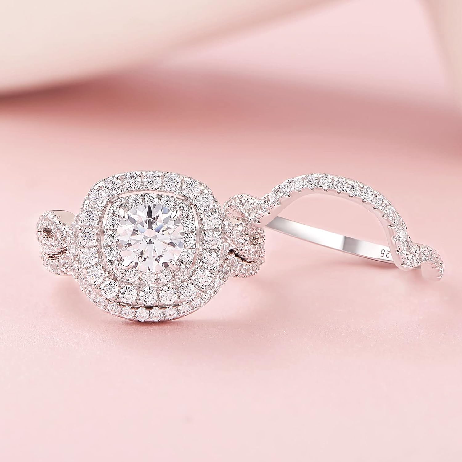 SHELOVES Engagement Wedding Ring Set for Women Double Halo Sterling Silver Round White AAAAA Cz Sz 5-10