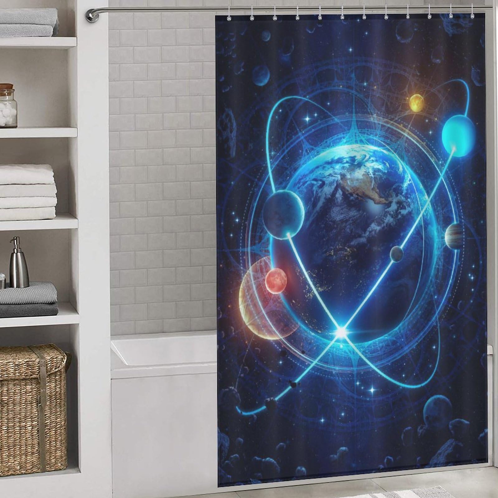 Rideau de douche planète ciel étoilé imprimé avec 12 crochets pour salle de bain