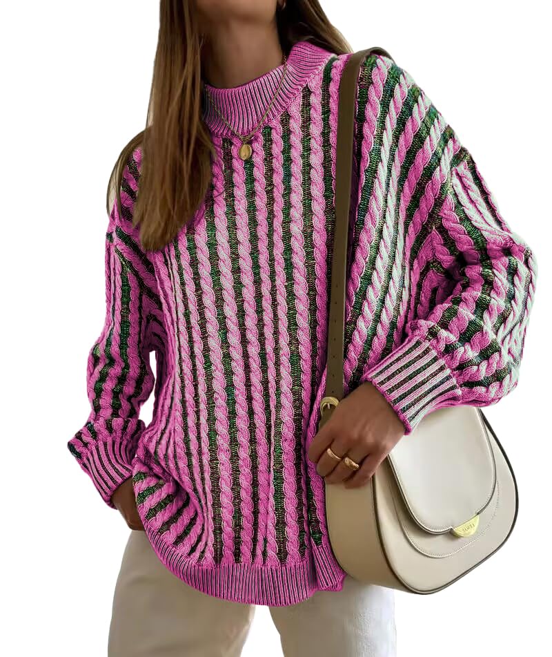 Famulily Womens Casual Long Sleeve Turtleneck Pullover Sweater Cable Knit Striped Color Block Sweater Tops