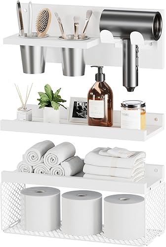 Vista 9 de Puricon Estantes flotantes de baño con soporte para secador de pelo, juego de organizadores de madera rústica de 3 niveles montados en la pared