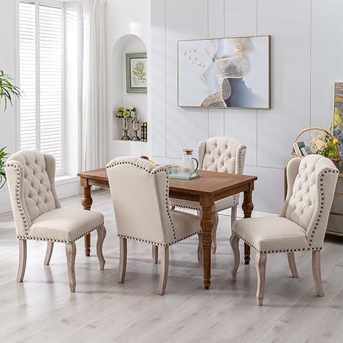 Miniatura 10 de chairus Parsons - Juego de 2 sillas de comedor tapizadas estilo rústico francés con ribete de cabeza de clavo y patas de madera curvas, sillas de