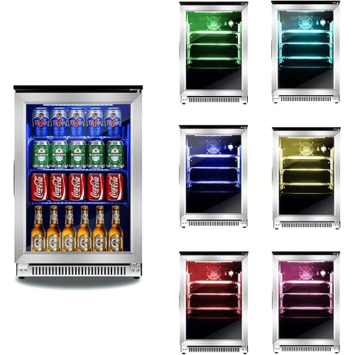 20 Inch Built-in Beverage Refrigerator with 7-Color LED Light, Compact 120 Can Under Counter or Freestanding Stainless Steel Drink Cooler Fridge with Glass Door for Soda & Beer