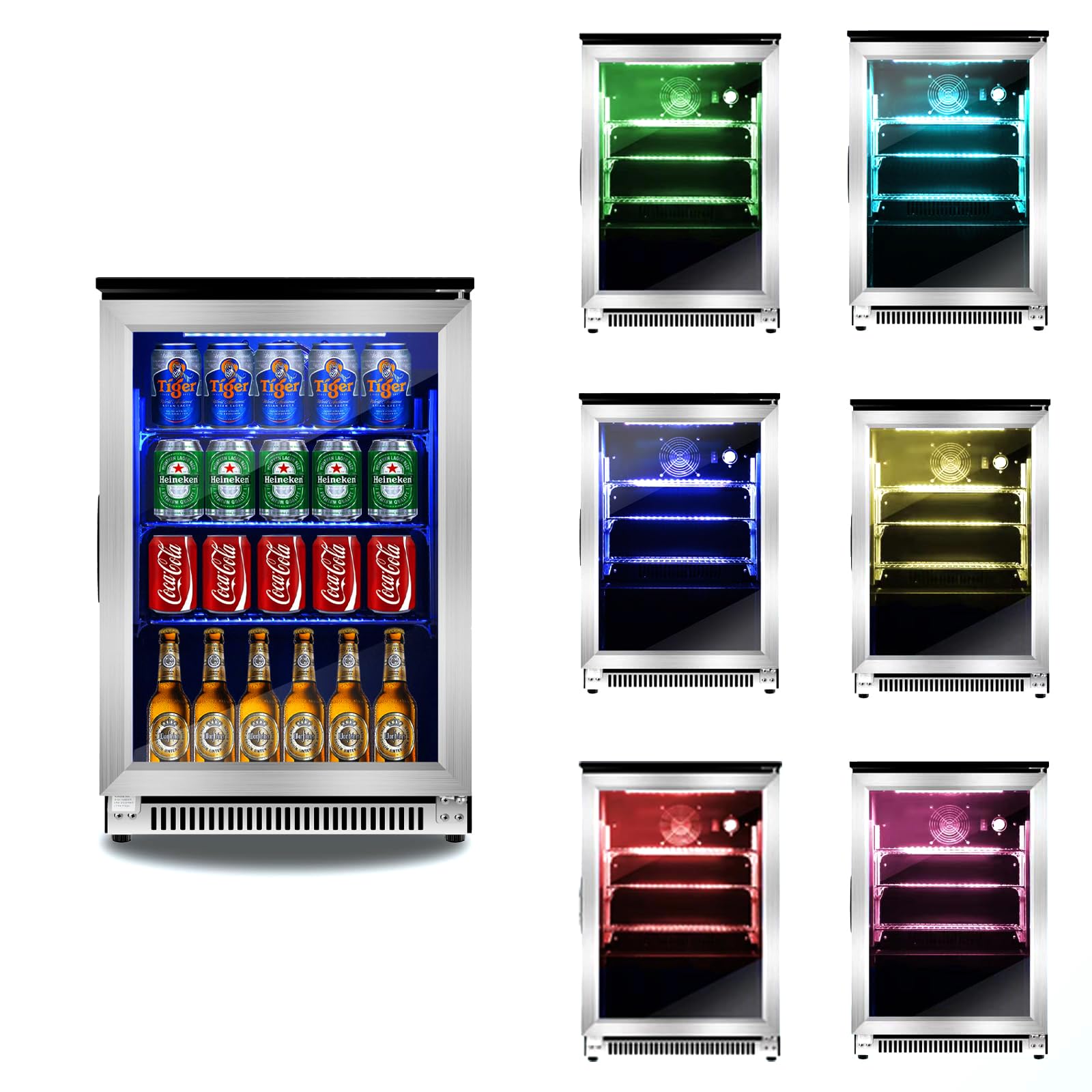 20 Inch Built-in Beverage Refrigerator with 7-Color LED Light, Compact 120 Can Under Counter or Freestanding Stainless Steel Drink Cooler Fridge with Glass Door for Soda & Beer