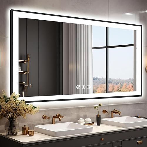Miniatura 10 de 48x32 Espejo de Baño Iluminado, Espejos de Pared de Hollywood con Bombillas LED, 3 Temperaturas de Color y Atenuación Sin Escalas, Antiempañamiento