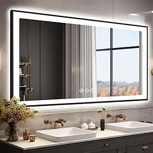 55x36 LED Bathroom Mirror, Black Aluminum Framed, Backlit + Front-Lit, 3 Colors Temperature Changeable, Dimmable Vanity Mirror, Tempered Glass, Defog, Waterproof, Memory (Horizontal/Vertical)