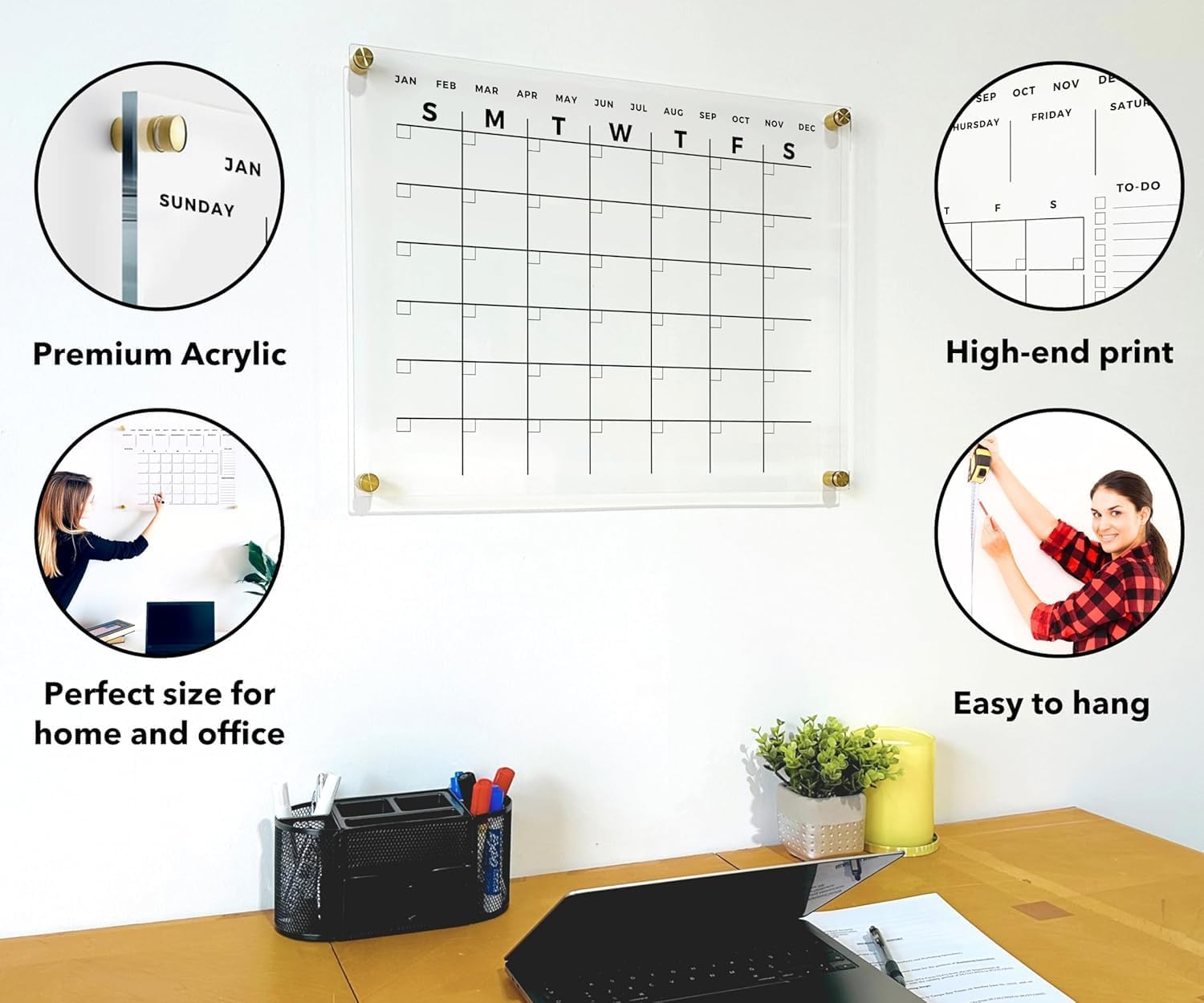 Premium Acrylic Wall Calendar - Reusable Board for Office and Home - Dry Erase Board - Glass Calendar for Wall (36x24" (Large), Gold Standoff)