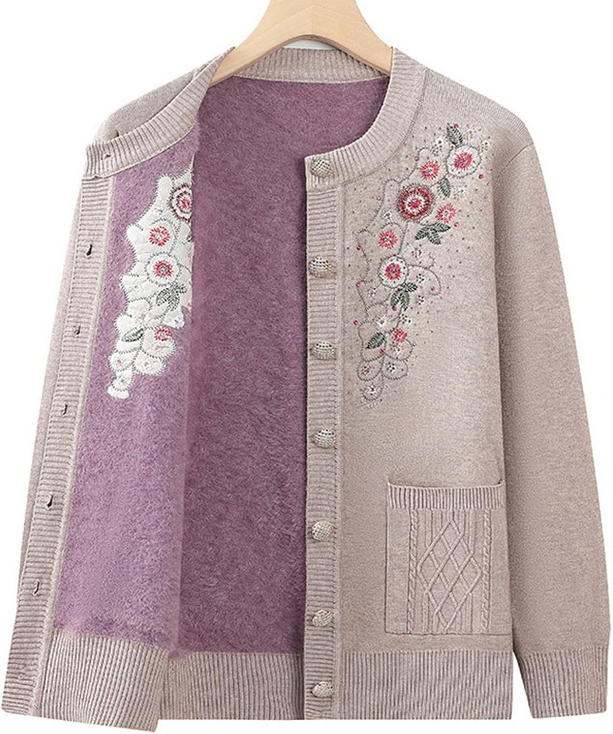 [RAMEMO] セーターカーディガン ニット クルーネック 花刺繍 レディース カットソー ジャケット 裏フリース あったか 柔ら