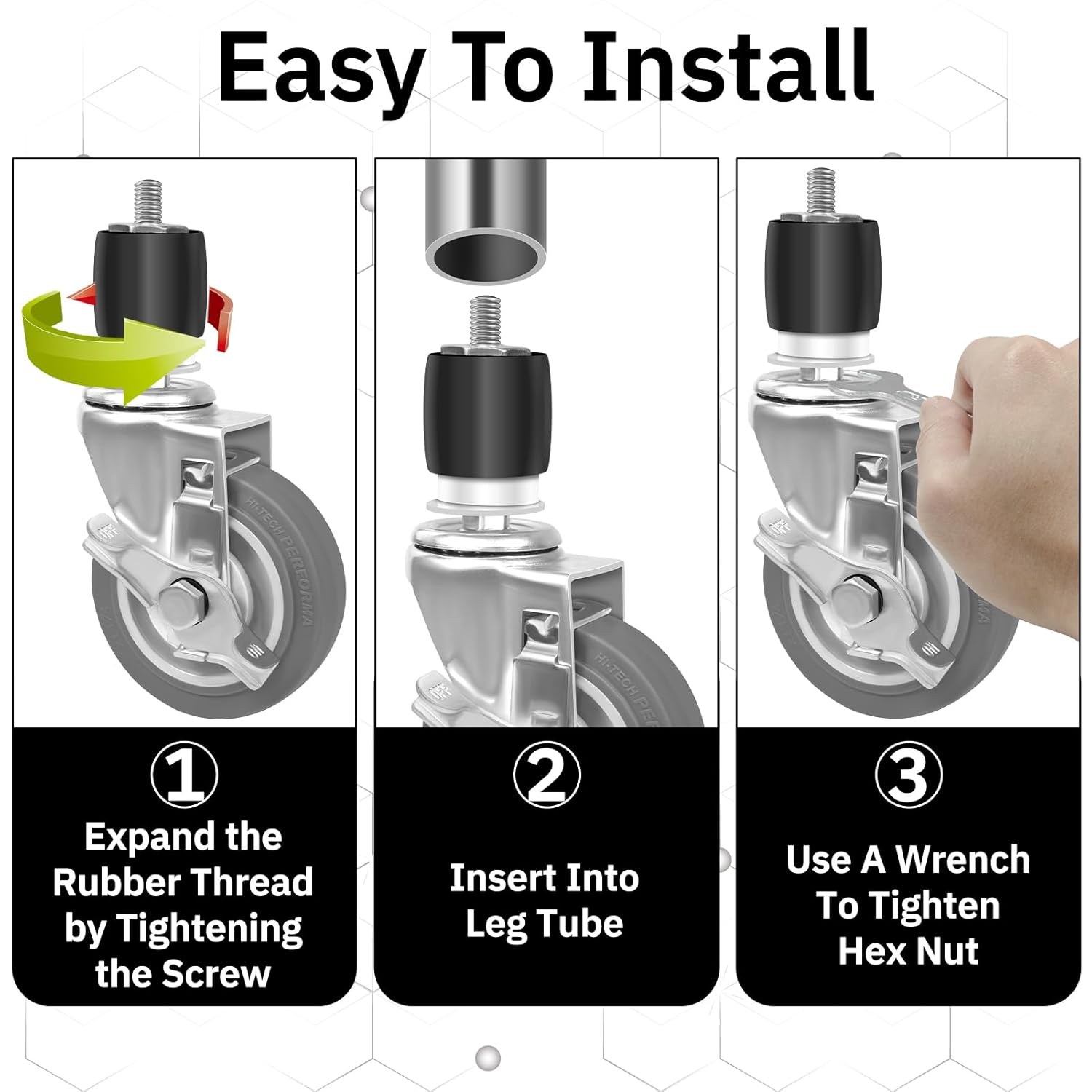 4 Inches Prep Table Wheels, Expanding Stem Caster Set of 4 with Brake, fit for 1-1/2" and 1-5/8" ID Leg Tube for Stainless Steel Worktable, Commercial Kitchen Prep Tables, Cart (Load 1200LBS)