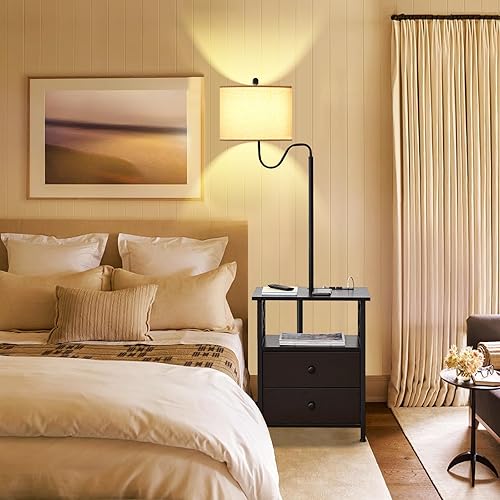 Miniatura 5 de LOKHOM Mesa auxiliar de 59 pulgadas con lámpara, lámpara de pie con mesa adjunta con 2 cajones de madera maciza y puertos USB, 2 tomacorrientes,