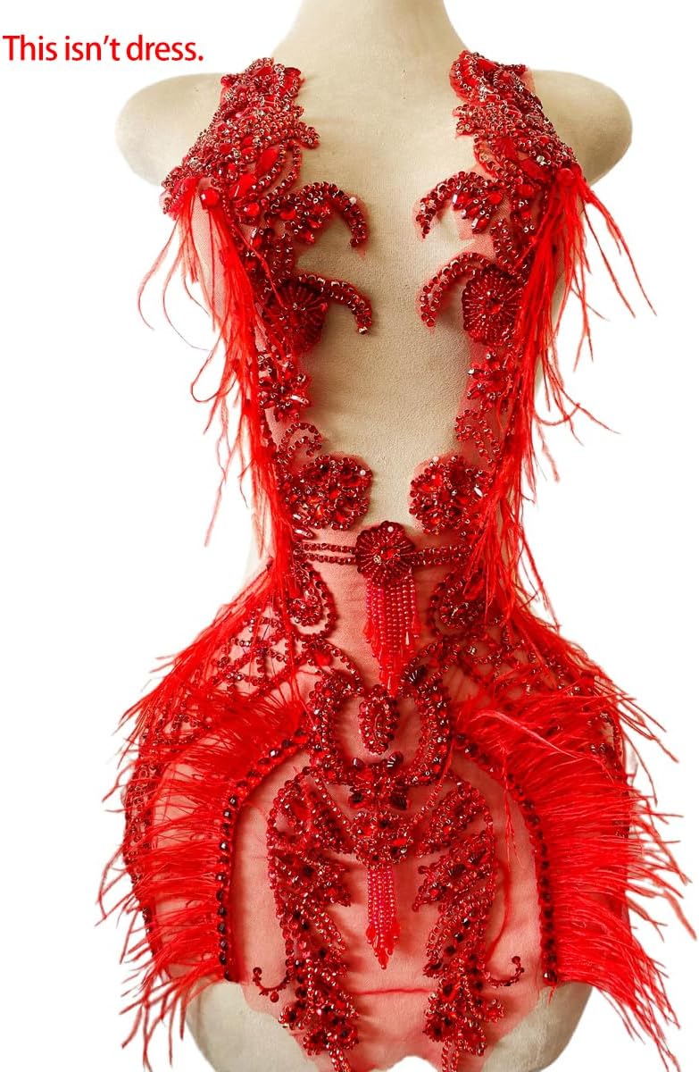 Large Size Pure Hand-Stitched Bodice Rhinestones Appliques Long Feather Decorative Bead Embroidery Trim Patches Exquisite Luxury Accessories for Dress Clothing (Red)