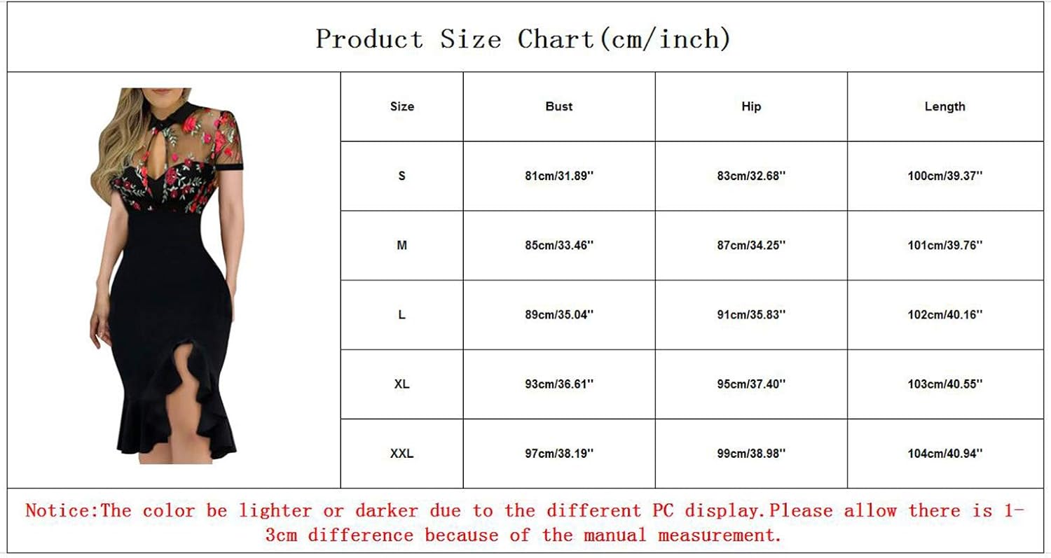 Women Slit Ruffles Hem Embroidery Lace Floral Pattern Short Sleeve Slimming Sexy Elegant Casual Party Night Club Dress : Clothing, Shoes & Jewelry