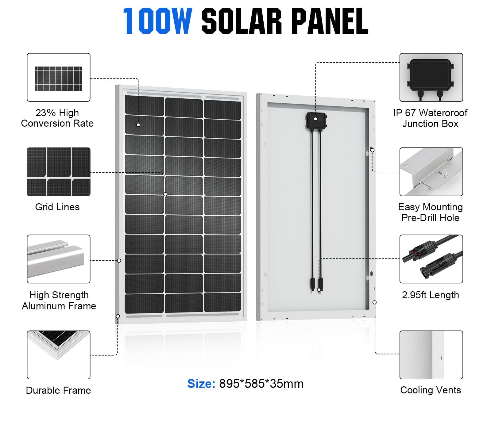 ECO-WORTHY Kit pannello solare 100 W 12 V per camper barca 12 V batteria: pannello solare monocristallino da 100 W + regolatore di carica solare da 30 A + cavo solare + morsetti di fissaggio Z