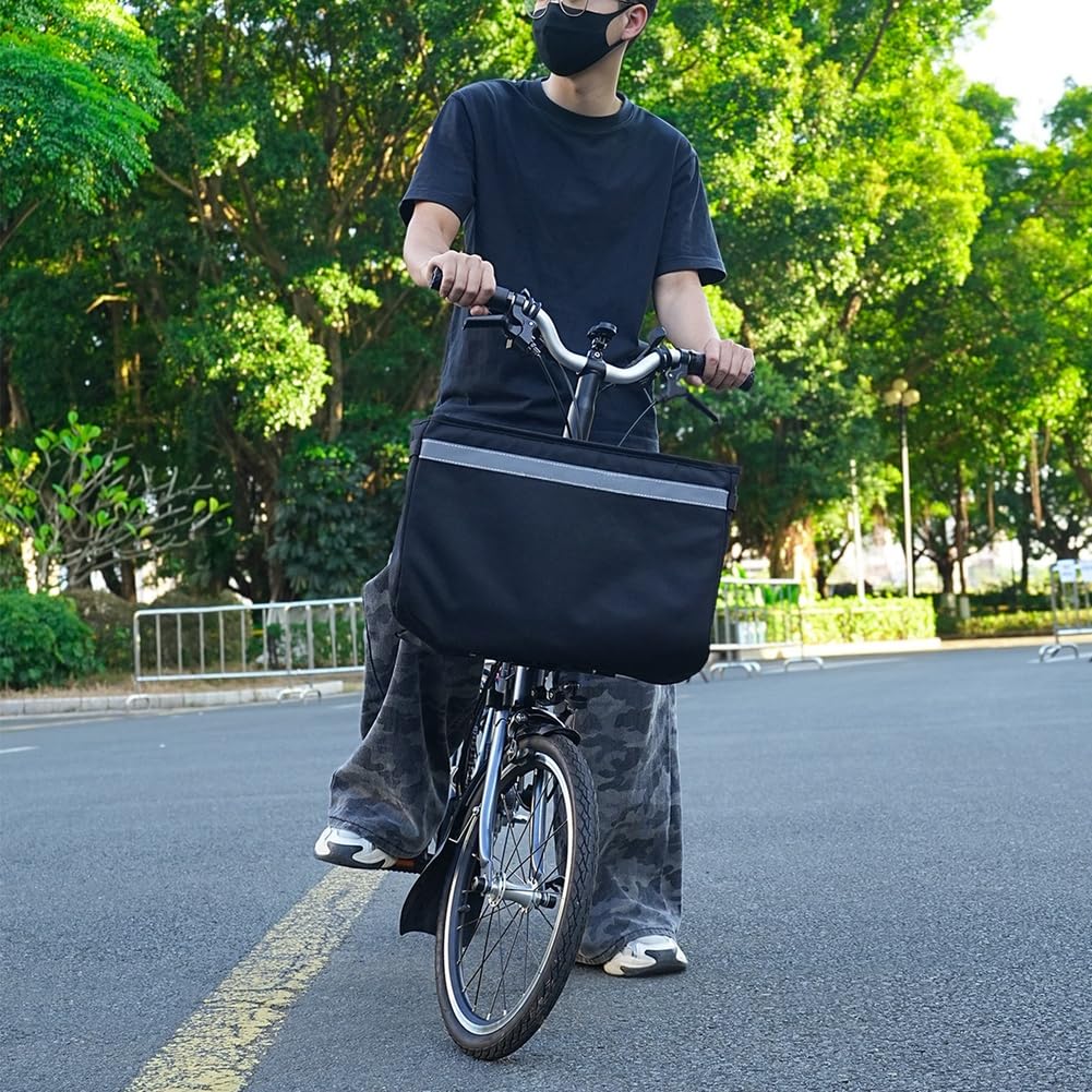 Cesta frontal de bicicleta negra con almacenamiento expandible