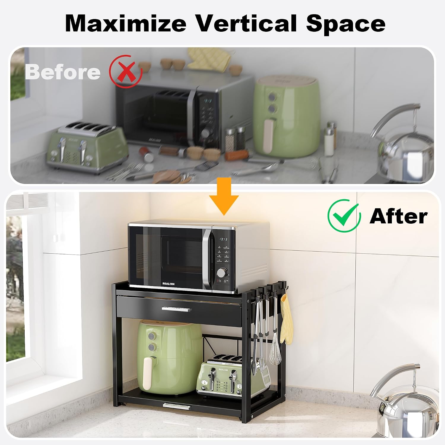 REALINN Microwave Stand with Pull-Out Drawer, 4 Hooks, 3-Level Adjustable Carbon Steel Microwave Rack for Coffee Maker, Toaster, Air Fryer, and Kitchen Storage Organizer, Black