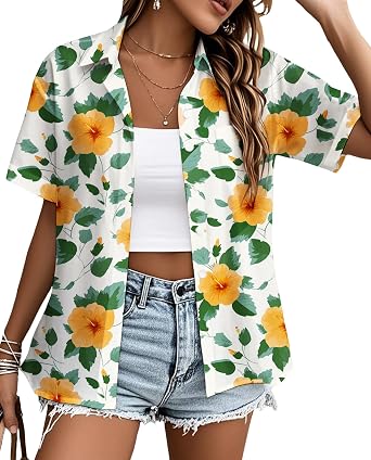 LIZALIG Womens Tropical Short Sleeve Shirt - 2025 Summer Collared Design with Pockets - Hawaiian Print Beachwear for Travel