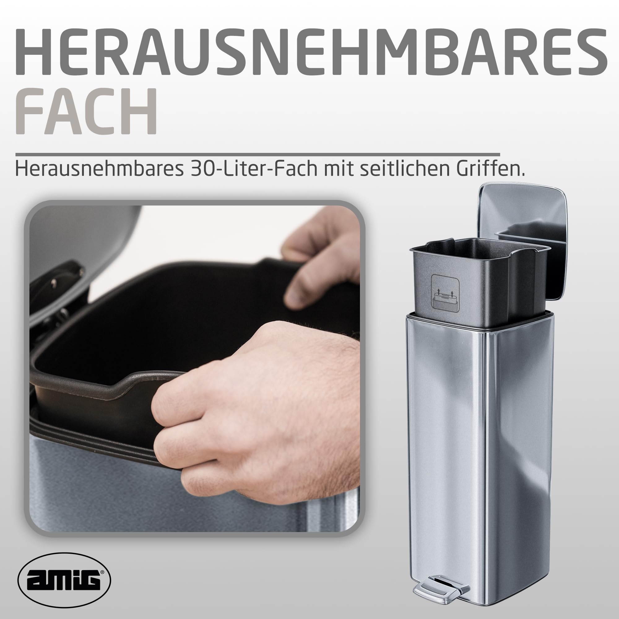 Amig - Mülleimer mit Pedal 30 Liter Mod. Artvin - Chrom - Hygienische, freihändige Öffnung - 27 x 36 x 65 cm - Verchromter Edelstahl - Kücheneimer mit hermetisch schließendem Deckel