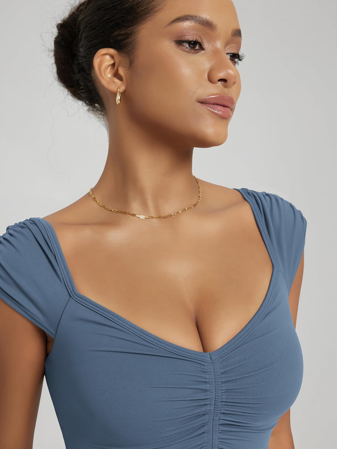 ODODOS Ruched Front Crop Tank for Women V-Neck Cut Out Back Cap Sleeve Cropped Tops - Image 5