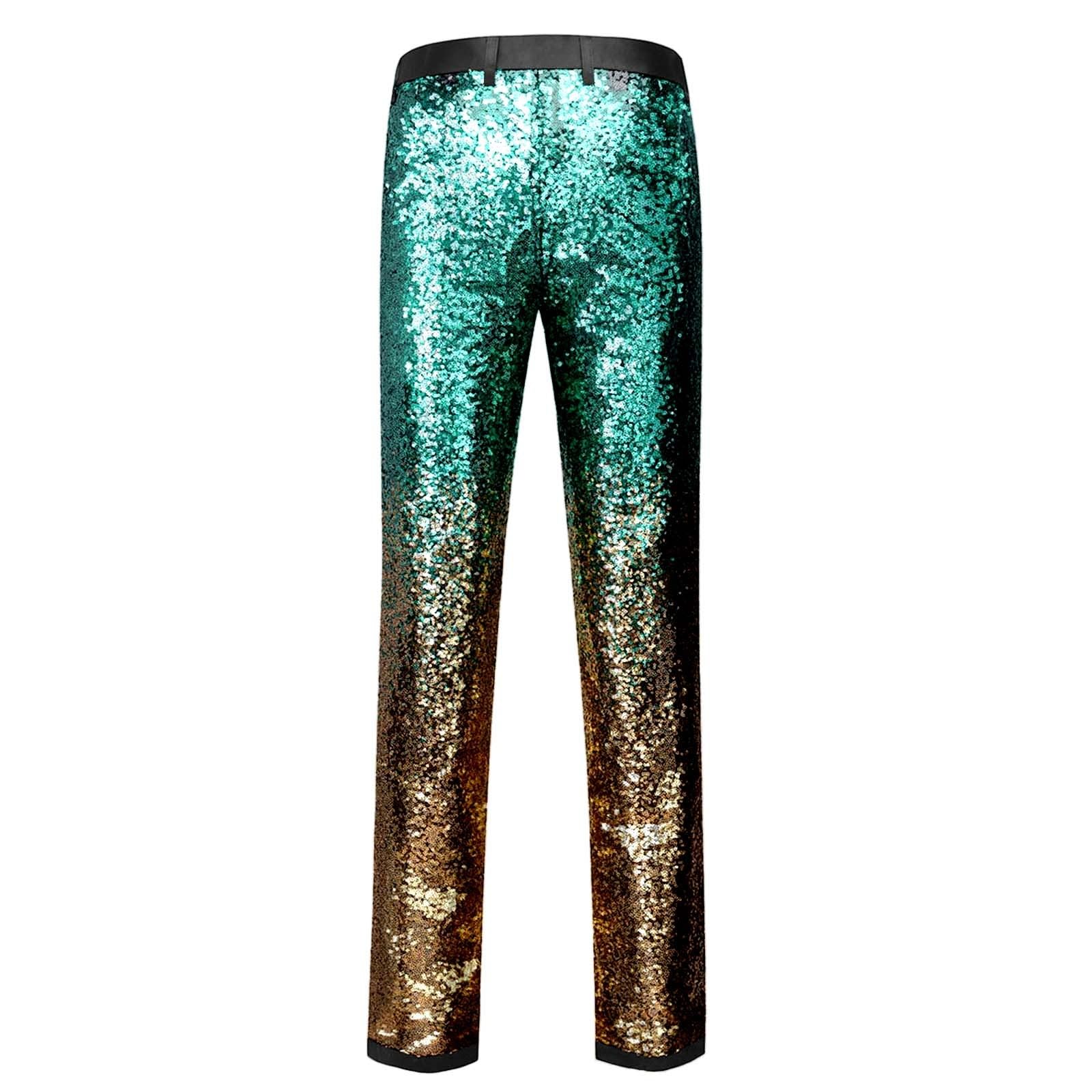 Generisch Pailletten Hose Herren Glitzer Tanzhose Slim Fit Herrenhose Karneval Kostüm Retro Party Jazzhose Farbverlauf Paillettenhose Elastische Taille Jogginghose Business Anzughose