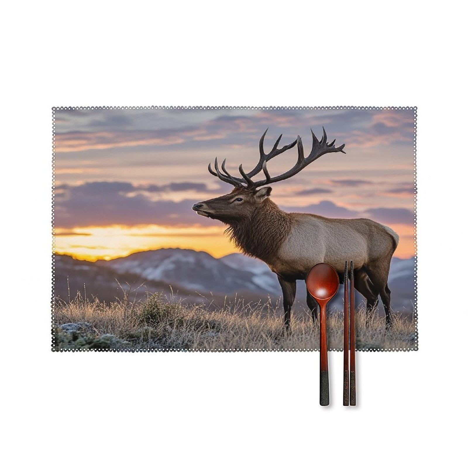 Red Deer Bull Elk Sunset Placemats Set of 6 Heat Resistant Non-Slip Place Mats Washable Wipeable Table Mats Elegant Farmhouse Placemat for Kitchen Dining Outdoor Party Table Decor
