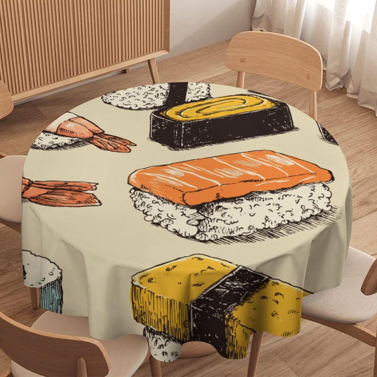 LUYYSKY Vintage Anime Sushi Waterproof Round Tablecloth Rustic Watercolor Art Japanese Food Sushi Print Washable Table Cover for Kitchen-91.4" Wx91.4 L cm