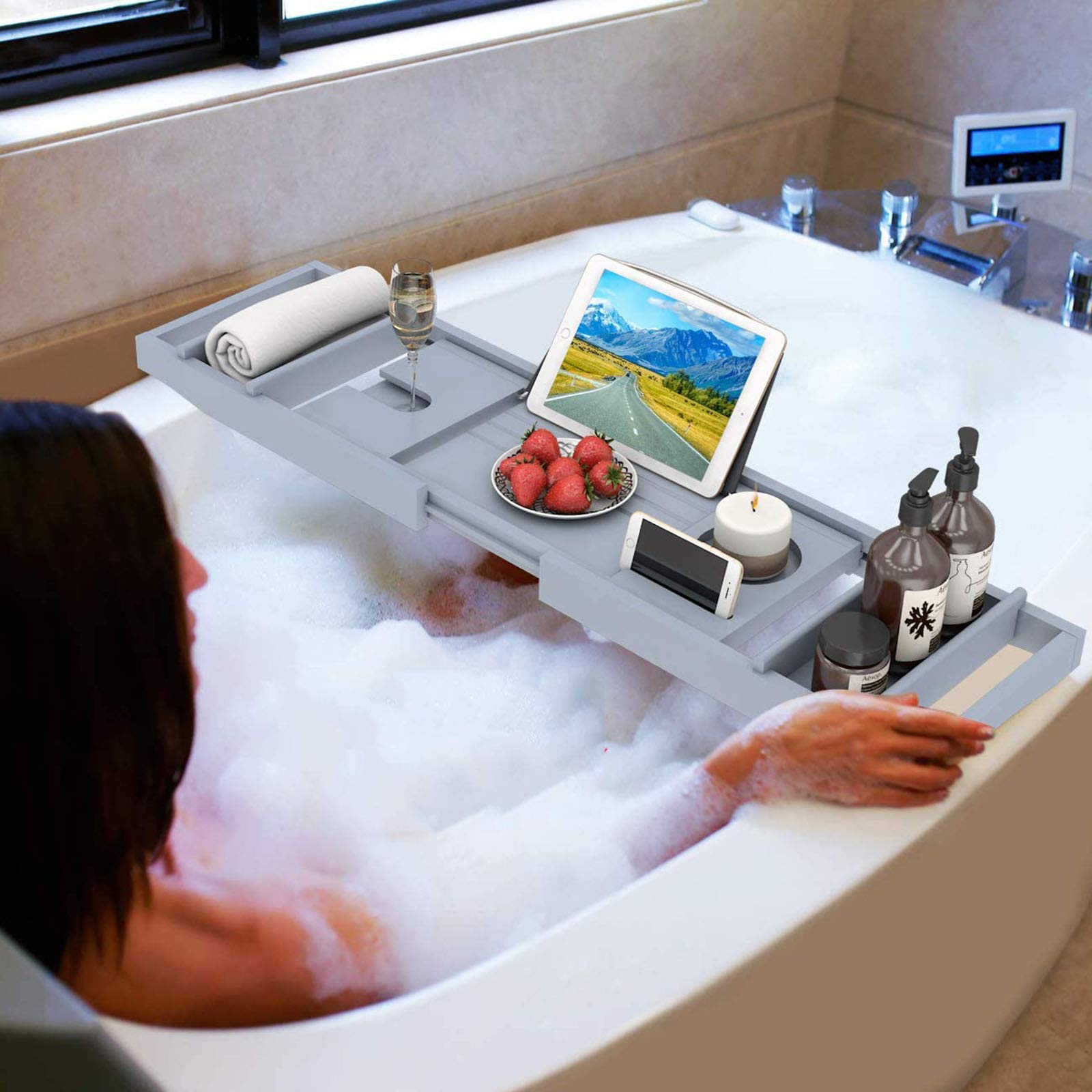 Bandeja Ajustable de bambú para bañera Incluye bandejas de SPA Desmontables y Soporte para jabón Accesorios para bañera de bambú Bandeja de Servicio de bañera intrincada y Natural