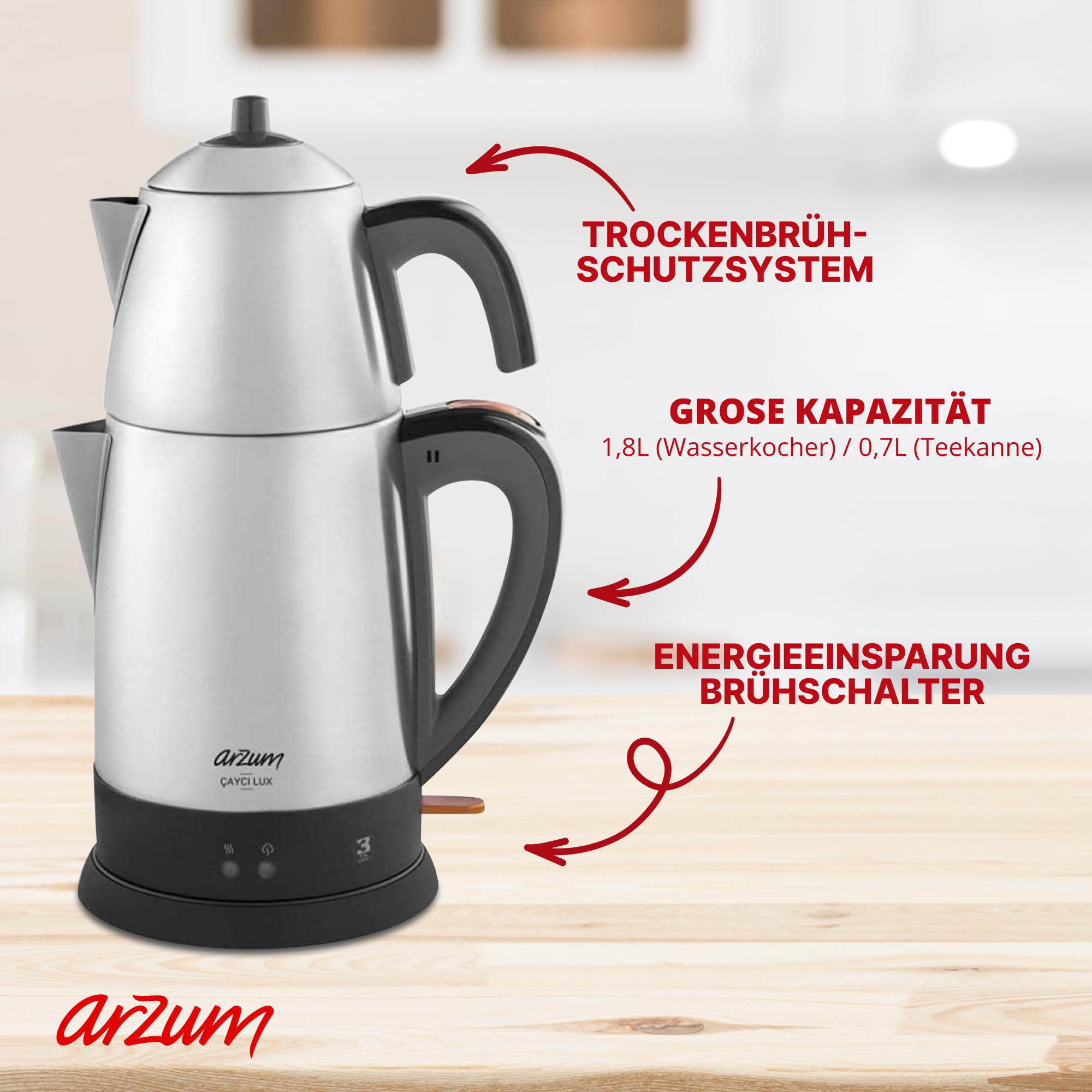 ARZUM Cayci Lux Inox Teebereiter, türkische Teekanne, Edelstahl, 0,7 l Topfkapazität, 1,8 l Warmwasserbereiterkapazität – 2100 W
