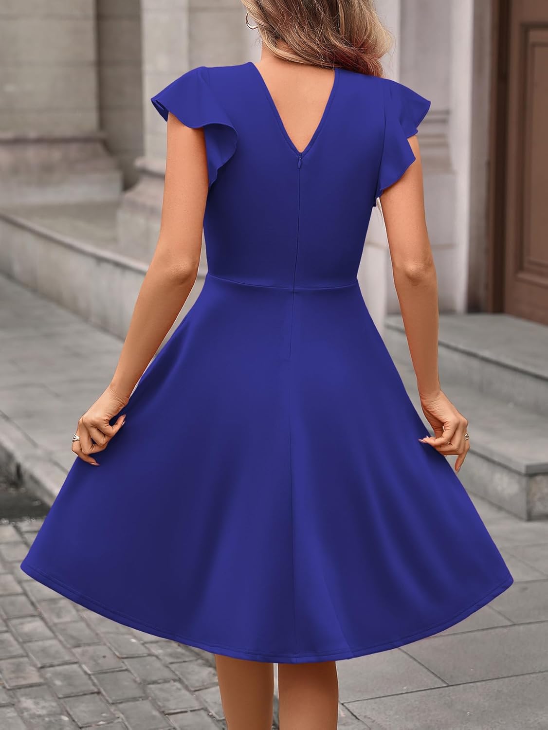 MSLG Women's Fit and Flare Ruffle Short Sleeves Dresses Work V-Back Cocktail Semi Formal A Line Dress with Pockets 842
