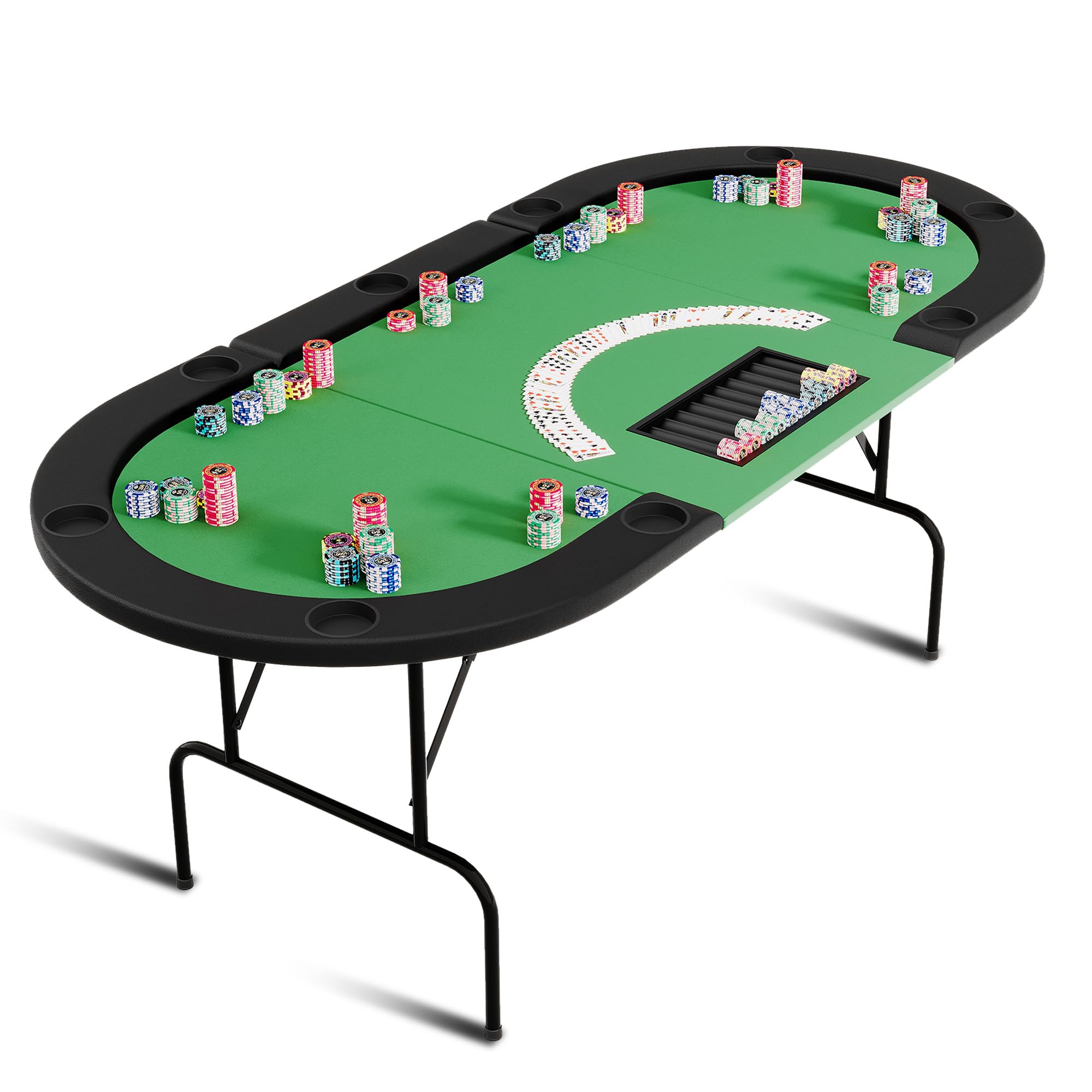 Oval Poker Table for 10 Players, Casino Leisure Gamimg Table with Collapsible Legs, Texas Holdem Blackjack Poker Table with Cup Holders