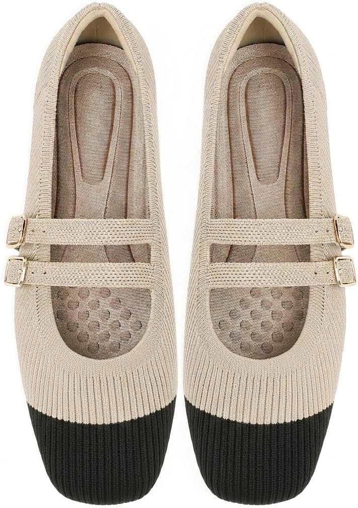 Mary Jane Flats for Women Square Toe Knit Ballet Flat Comfortable Dressy Casual Shoes