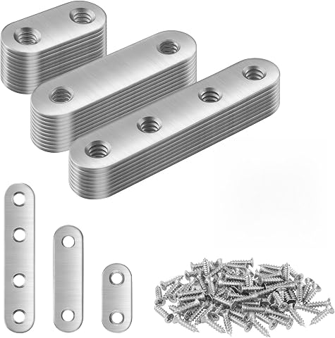 30 Piezas Pletinas Metalicas Planas, Placas de Unión de Metal de Acero Inoxidable con 76 Tornillos, Soportes Largos y Rectos Planos, Conector de Metal Plano, para Reparación de Muebles de Madera