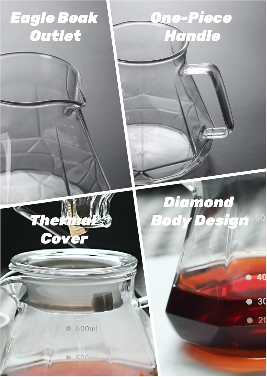 Pour Over Coffee Maker Set，20oz/600ml Pour Over Coffee Dripper & Glass Lid，Metal Dripper Stand and 100 Count Paper Coffee Filters，4 in 1 Set for Home or Office, lucency