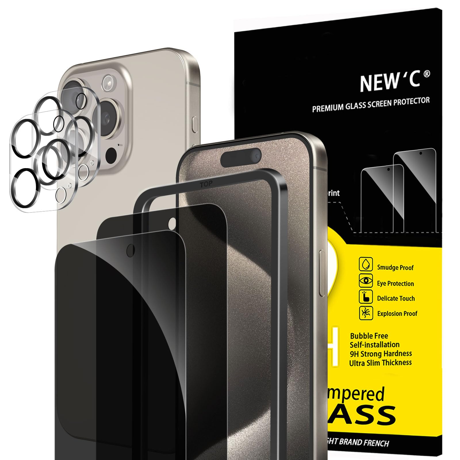 NEW'C 2 x Prywatność Ochraniacz Ekranu dla iPhone 15 Pro (6,1 cala) i 2 x Osłona ekranu aparatu - Odporne na zarysowania -Zrównoważony Kąt Prywatności 28 Stopni- Zawiera narzędzie ułatwiające montaż