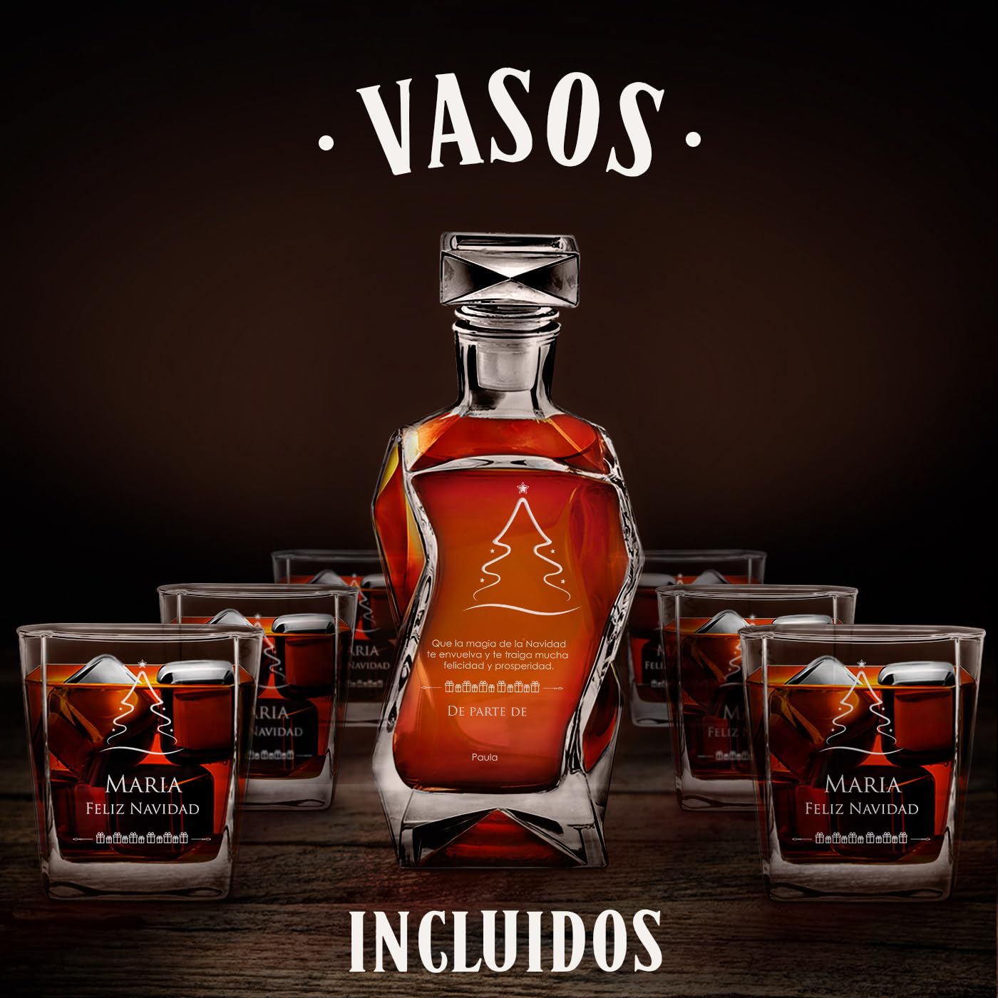 Maverton Set de Whisky Personalizado Decantador 700ml con 6 Vasos 250ml - Regalos Originales para Hombre y Mujer - Decoracion Hogar de Navidad - Diseño Único para Hombre y Mujer Padres Abuelos - Magia