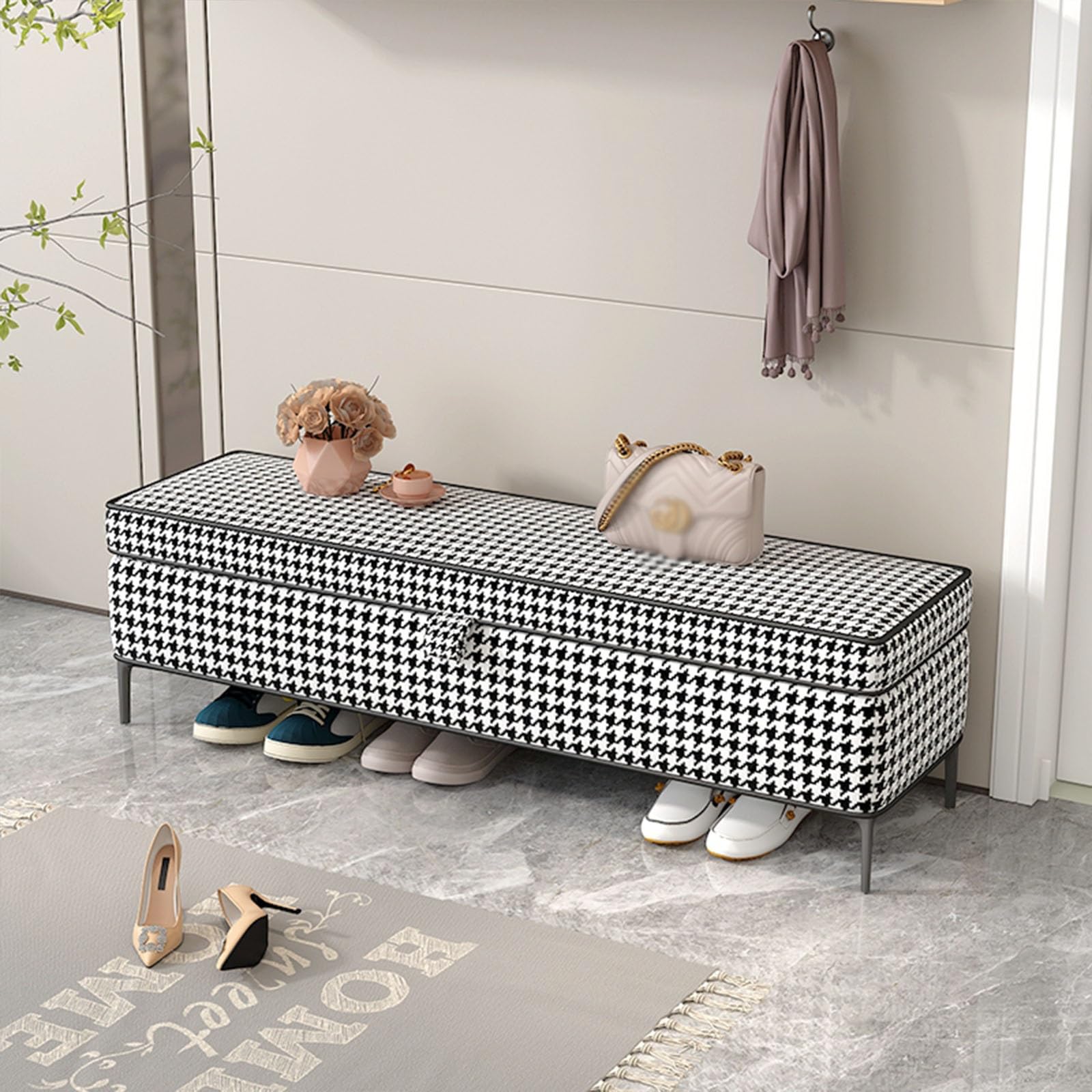 Coffre avec rembourré en cuir PU style houndstooth élégant