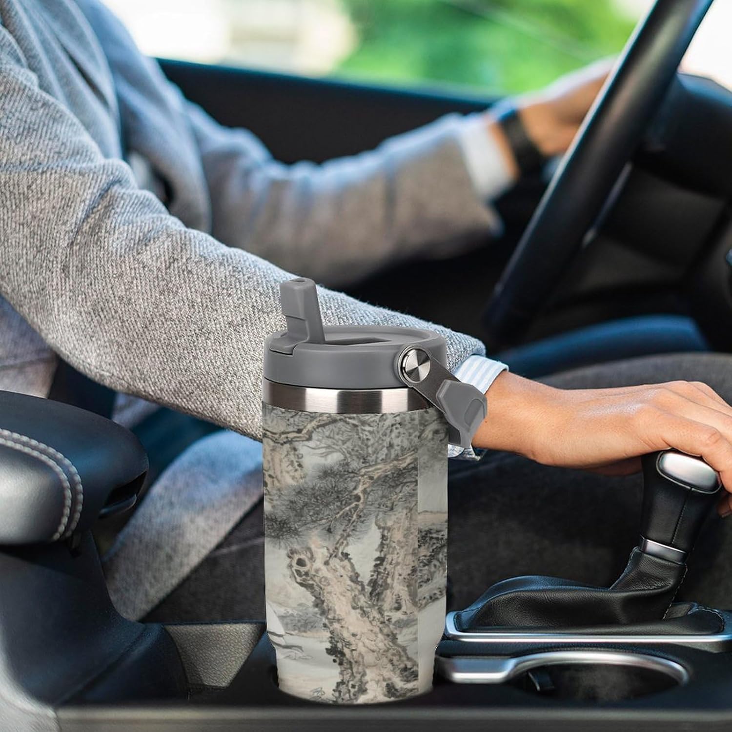 30 Oz Insulated Mug with Handle Lid And Straw Listening to The Spring in The Pine Valley Pattern Large Metal Sports Bottle Great for Gifts Parties Office Coffee