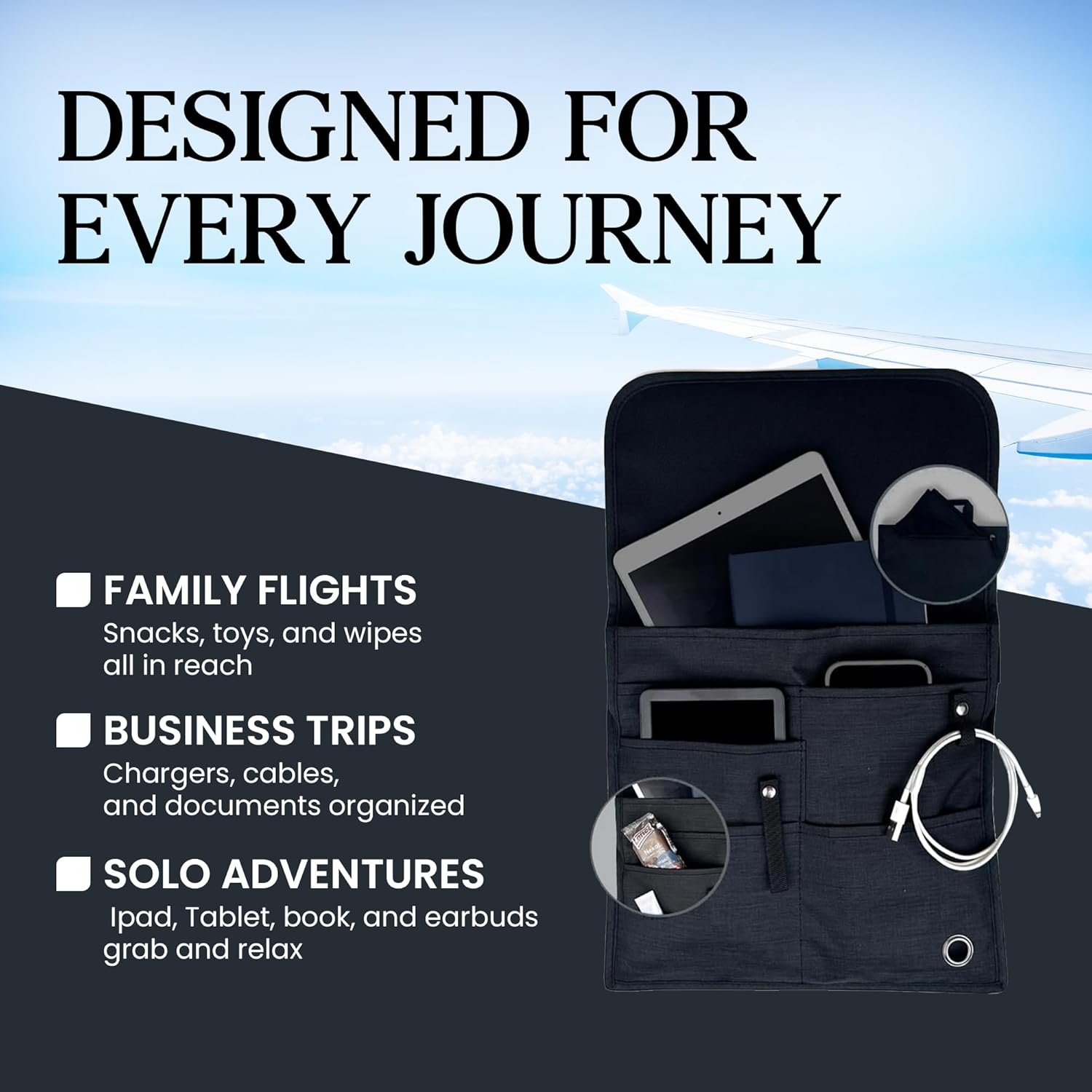 SO~MINE Airplane Pocket Organizer | Tray Table Cover | In Flight Seat Back Organizer Bag | Commuter Essential Travel Bag | Media Pouch For Flying | Travel Gift | Attaches To Luggage - Image 4
