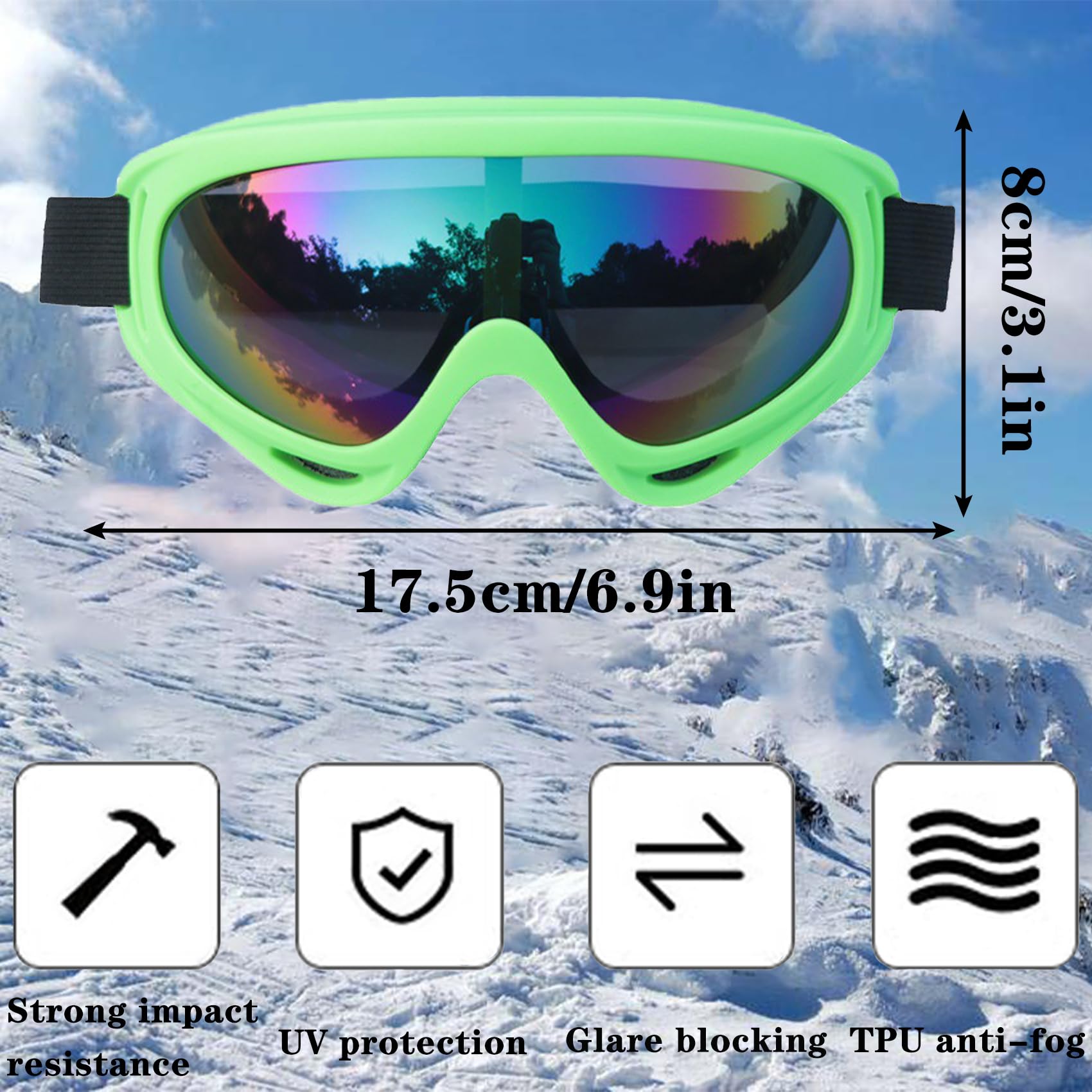 MaoMaoCha Ski Goggles Snowboard Goggles for Men Women Kids Cycling Motorcycle Snowmobile UV Protection Goggles Winter Snow Sports Glasses for Youth Adult Teens Boys & Girls (Green) - Image 2