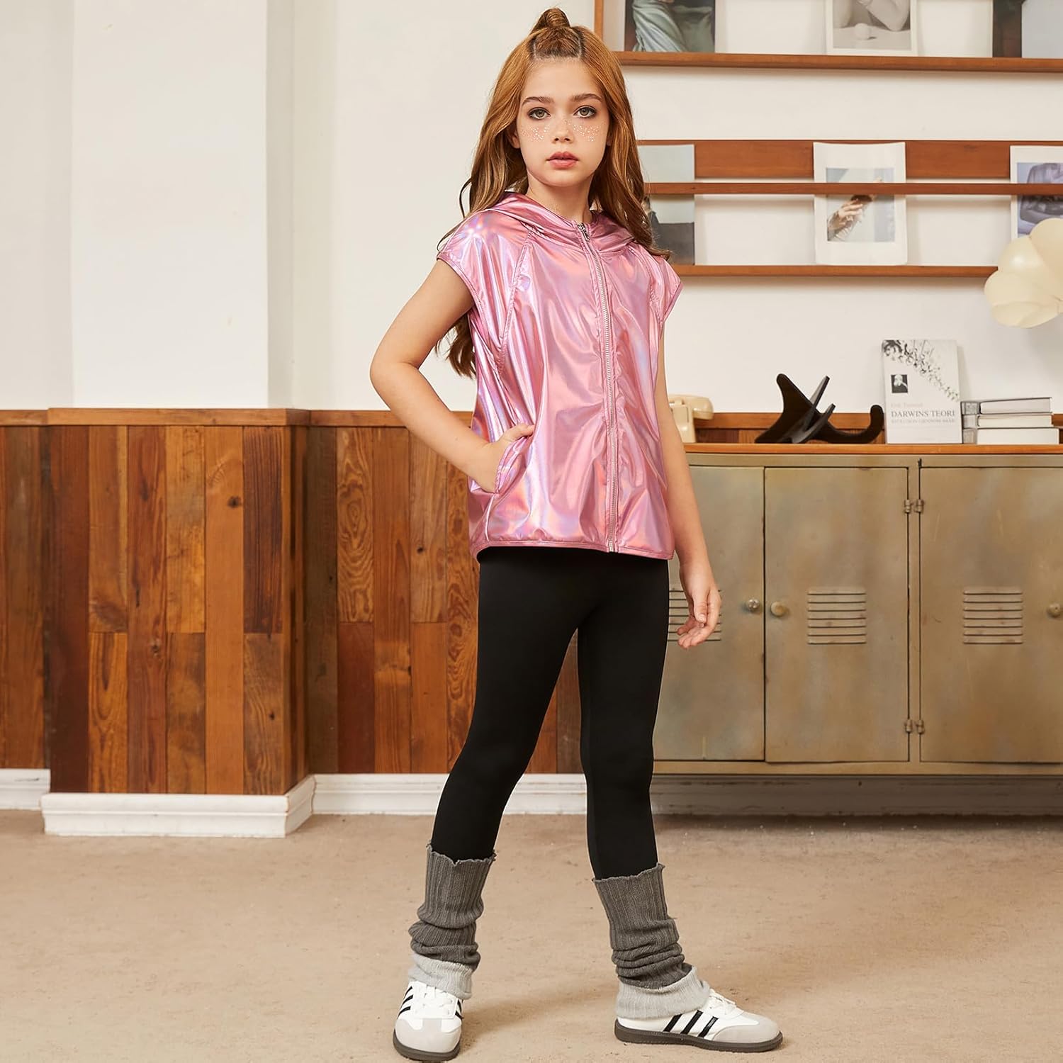 Jxstar Girls Metallic Hoodie Vest Kids Shiny Zip Up Outfit Sleeveless Disco Shirt with Pocket - Image 2