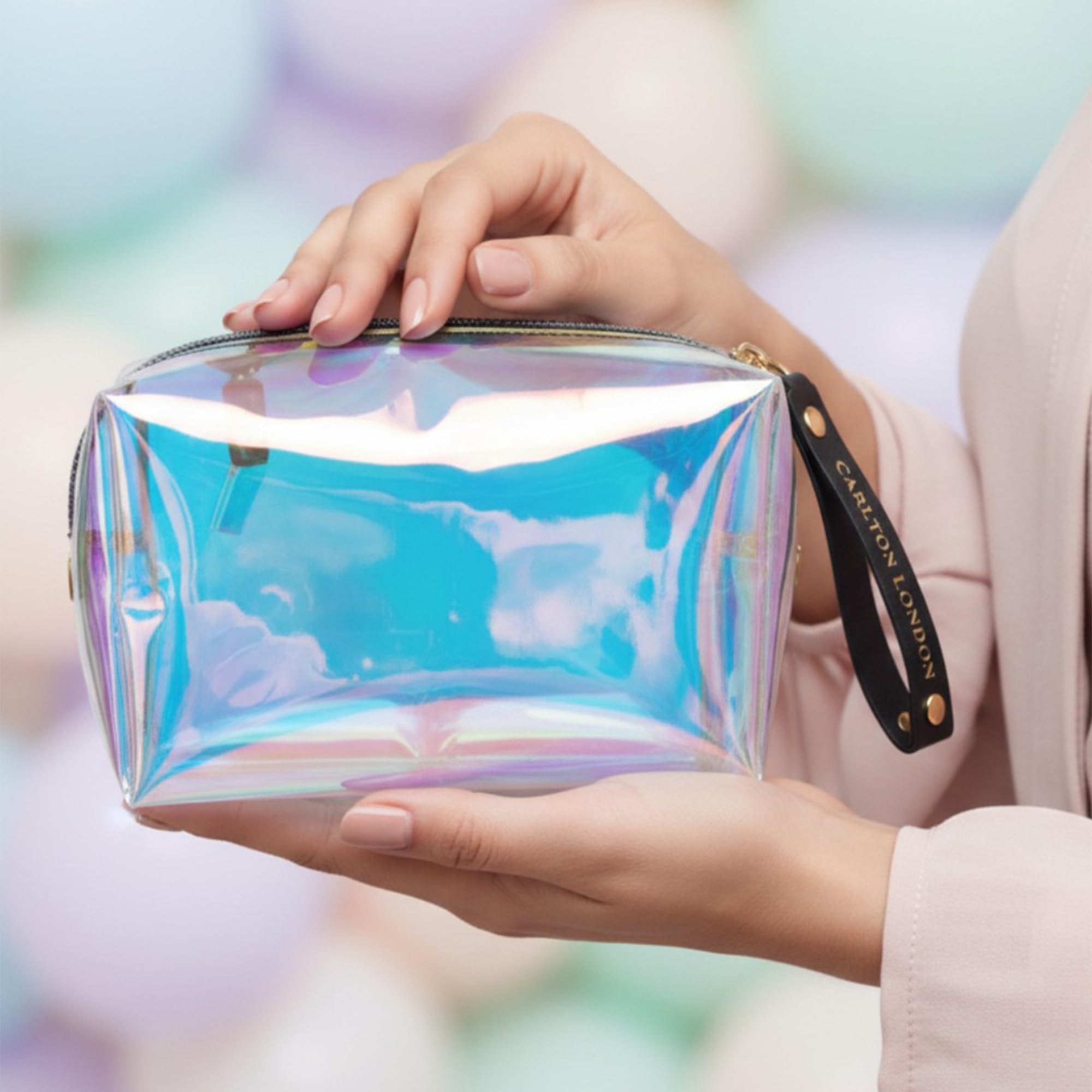 Carlton London Transparent Holographic Makeup Pouch for Women | Waterproof Cosmetic Organizer Bag with Zipper & Wrist Strap | Travel Toiletry Kit Vanity Pouch for Girls-picture-33