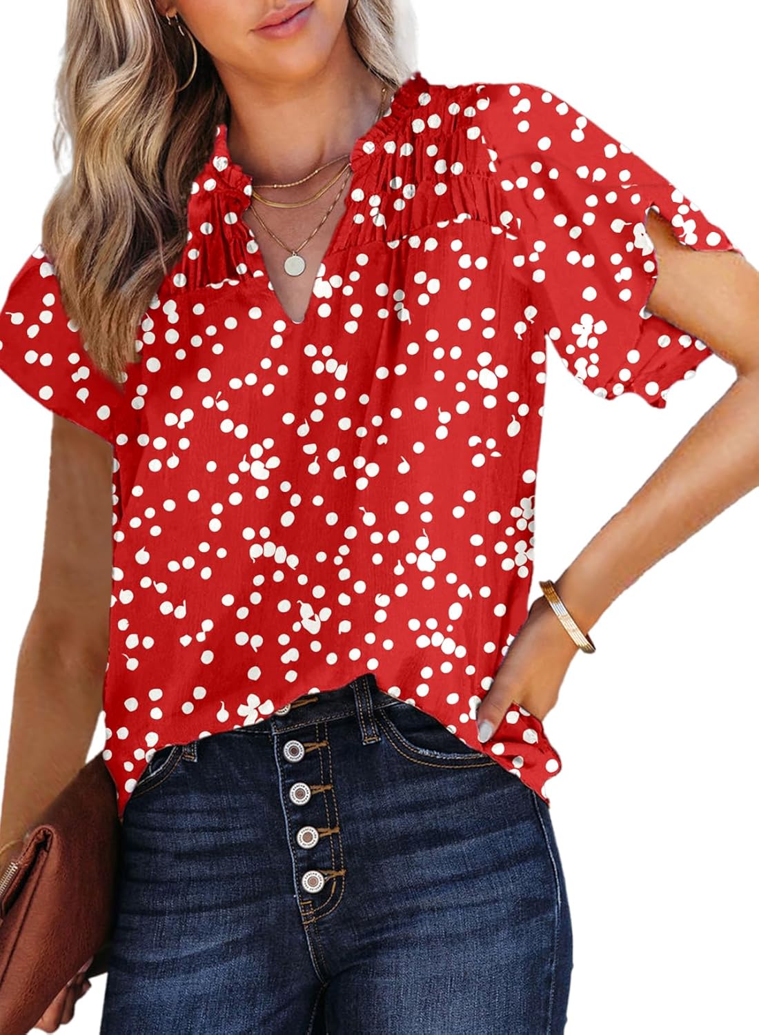 Dokotoo Women's Casual V Neck Alicia Floral Print Smocked Short Sleeve Chiffon Blouses Bohemian Top Shirts