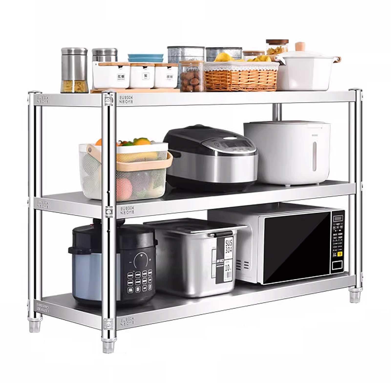 Scaffale regolabile a 3 ripiani in acciaio inox, per cucina, microonde, dispensa, garage e ripostiglio (90 x 45 x 80 cm), soluzioni durevoli e versatili