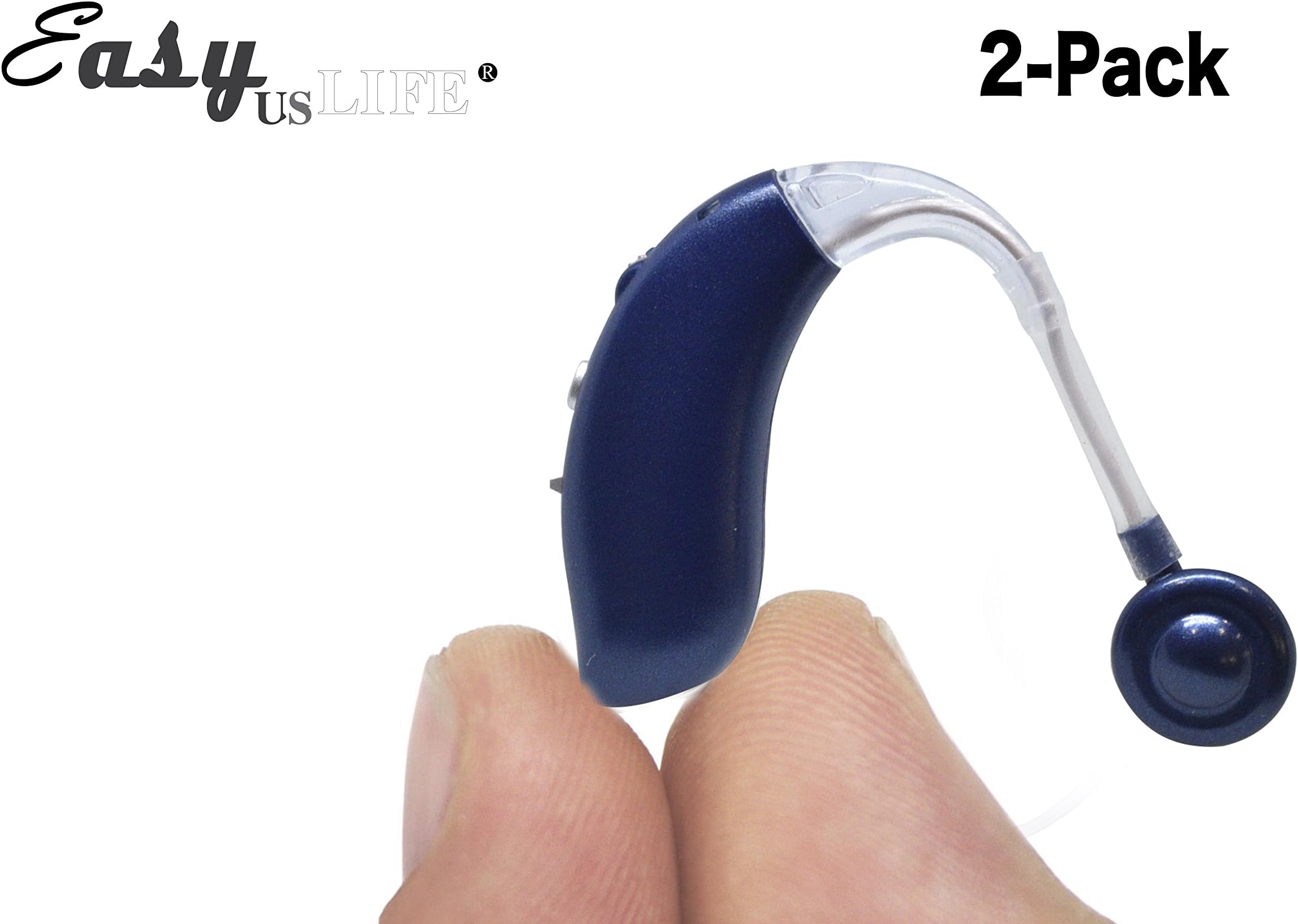 Dark Blue,2-Pack New Behind-The-Ear (BTE) Digital Hearing Ear Amplifier Kit by EASYUSLIFE, Rechargeable and Interchangeable, Adjustable Volume Control, Suitable for Men and Women