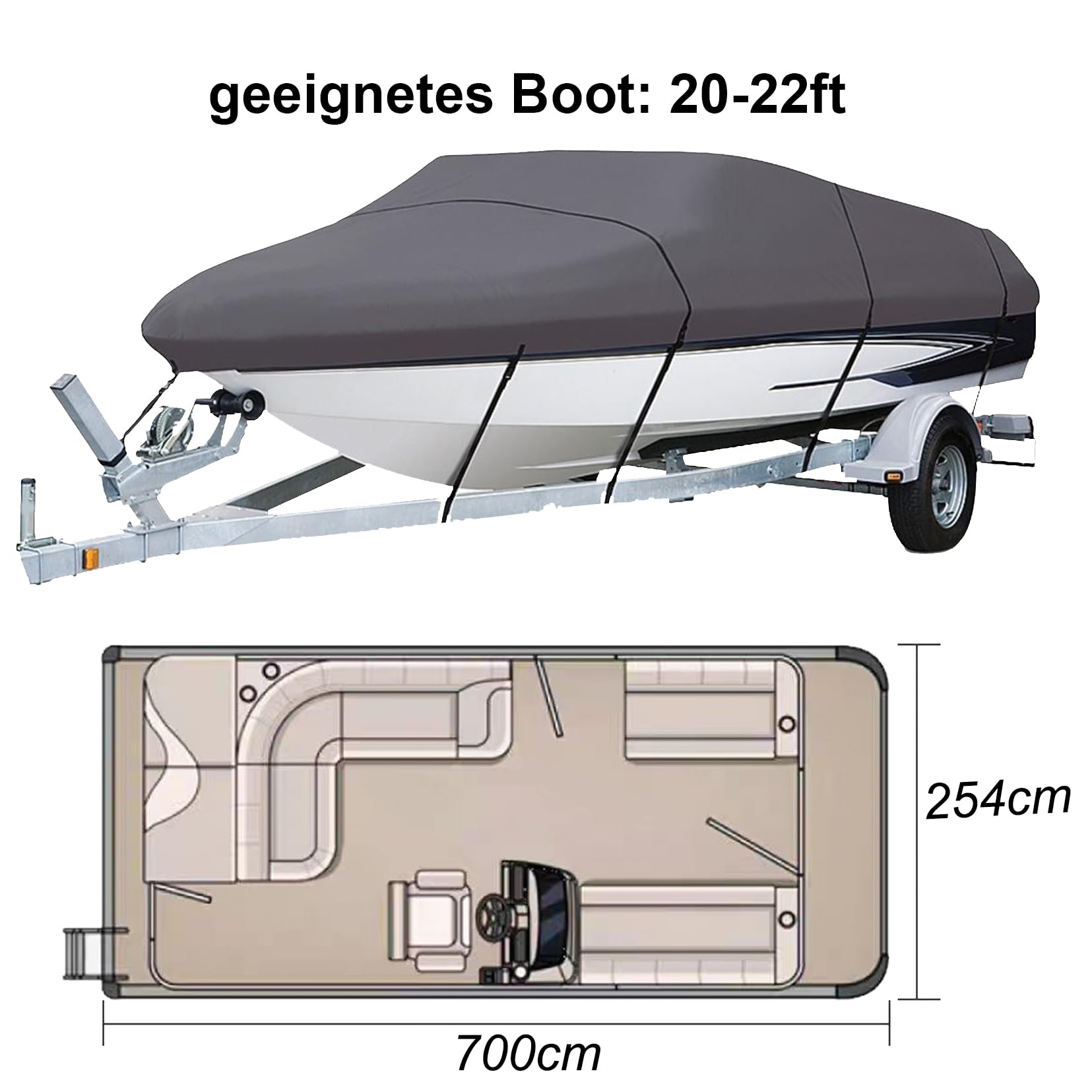 Bootspersenning Bootsabdeckung 420D Oxford Gewebe Wasserdicht Staub Schutz Persenning Anti- Persenning Bootsplane Passend für V-Hull Bass Boats Fisch-Ski Pro-Style Cover (Grau 20-22ft)