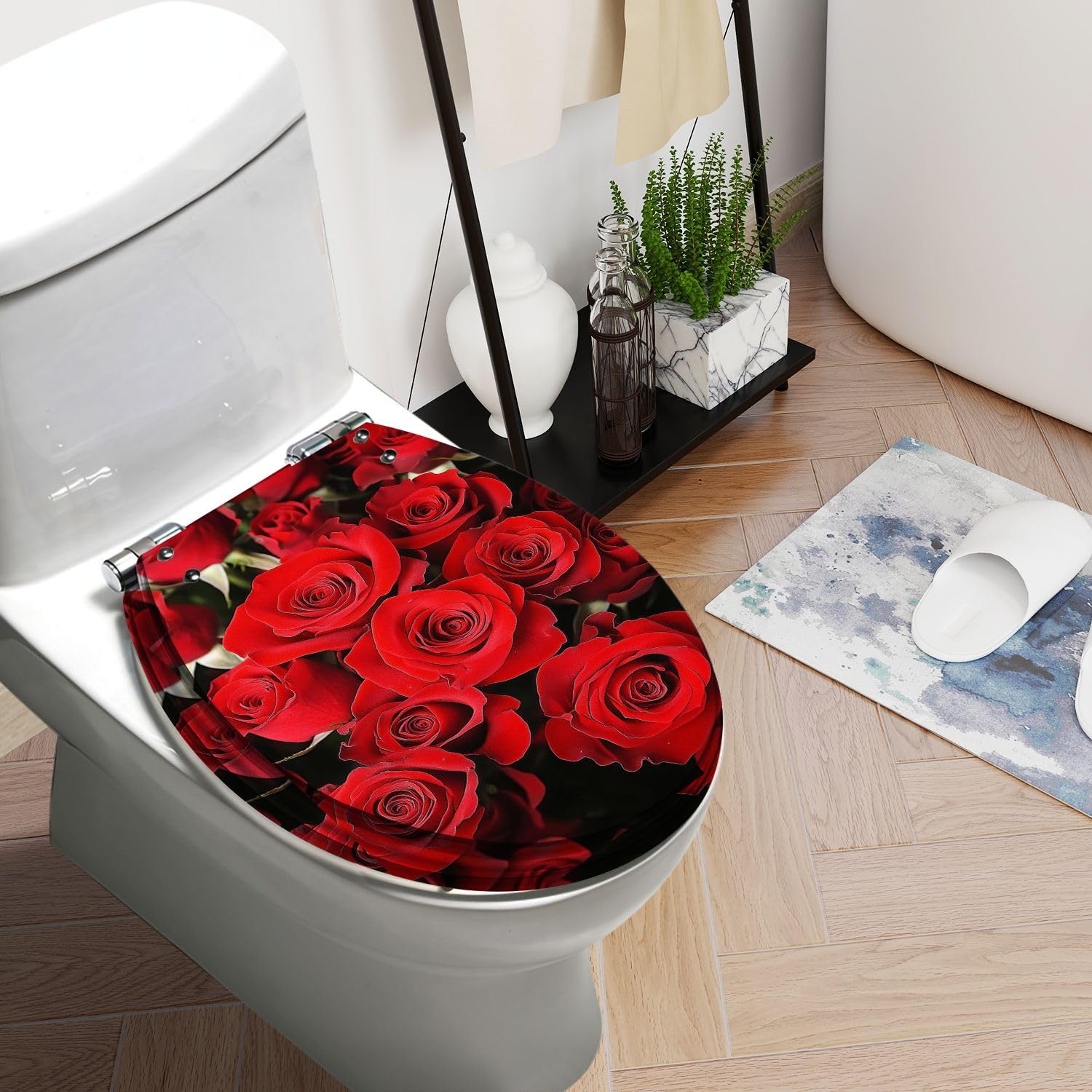 Round Toilet Seat Roses Resin Toilet Seat Slow Quiet Close with Quick-Release Hinges Toilet Seat with Cover Easy to Clean Install