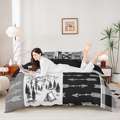 Miniatura 4 de Funda de edredón de ciervos de caza para niños, juego de ropa de cama rústica para cámper, juego de cama de retazos de aventura a cuadros, funda de