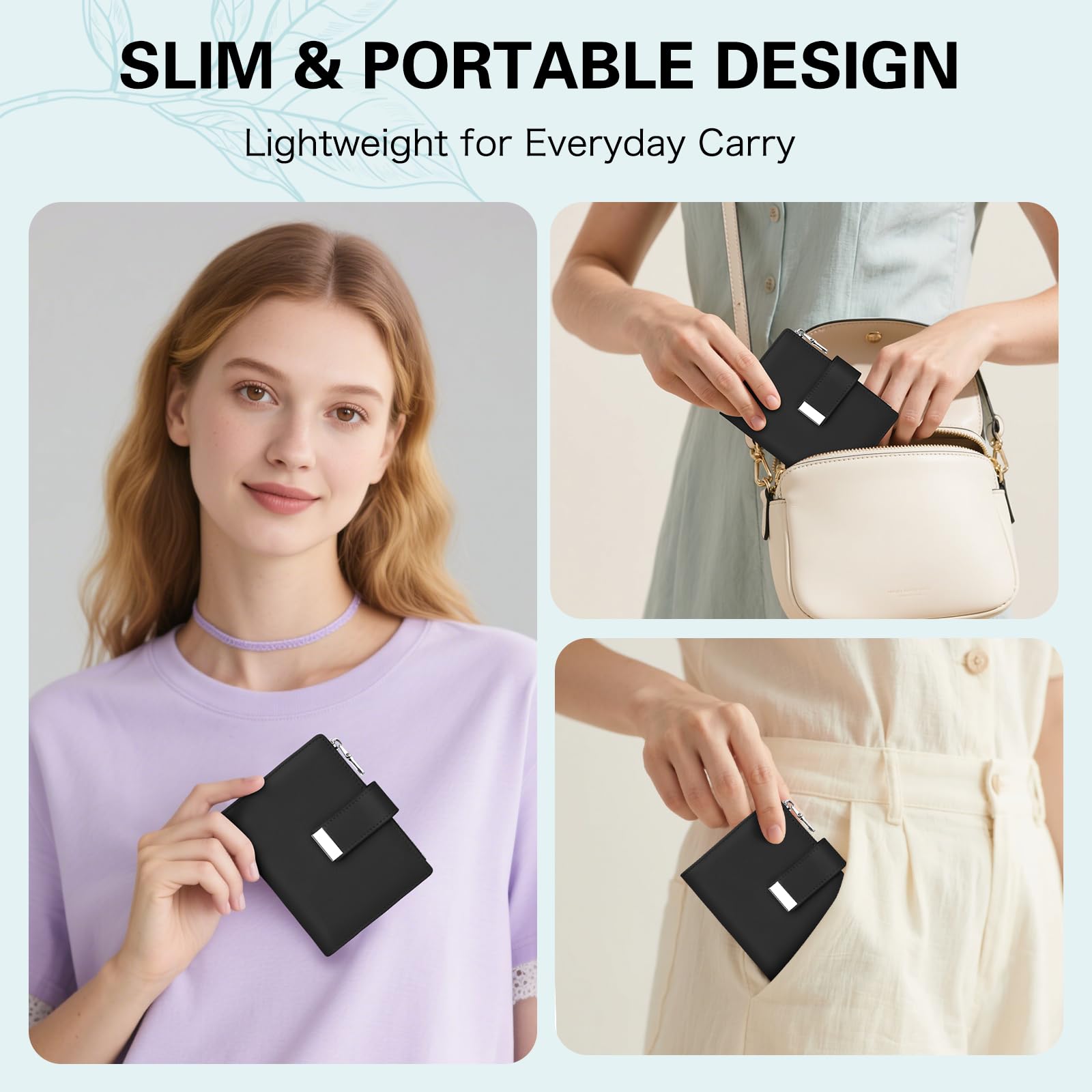 Portafoglio Donna Piccolo in Pelle Blocco RFID Portafoglio Portamonete con Cerniera e Doppio Scomparto per Contanti, 12 Scomparti per Carte (Nero)