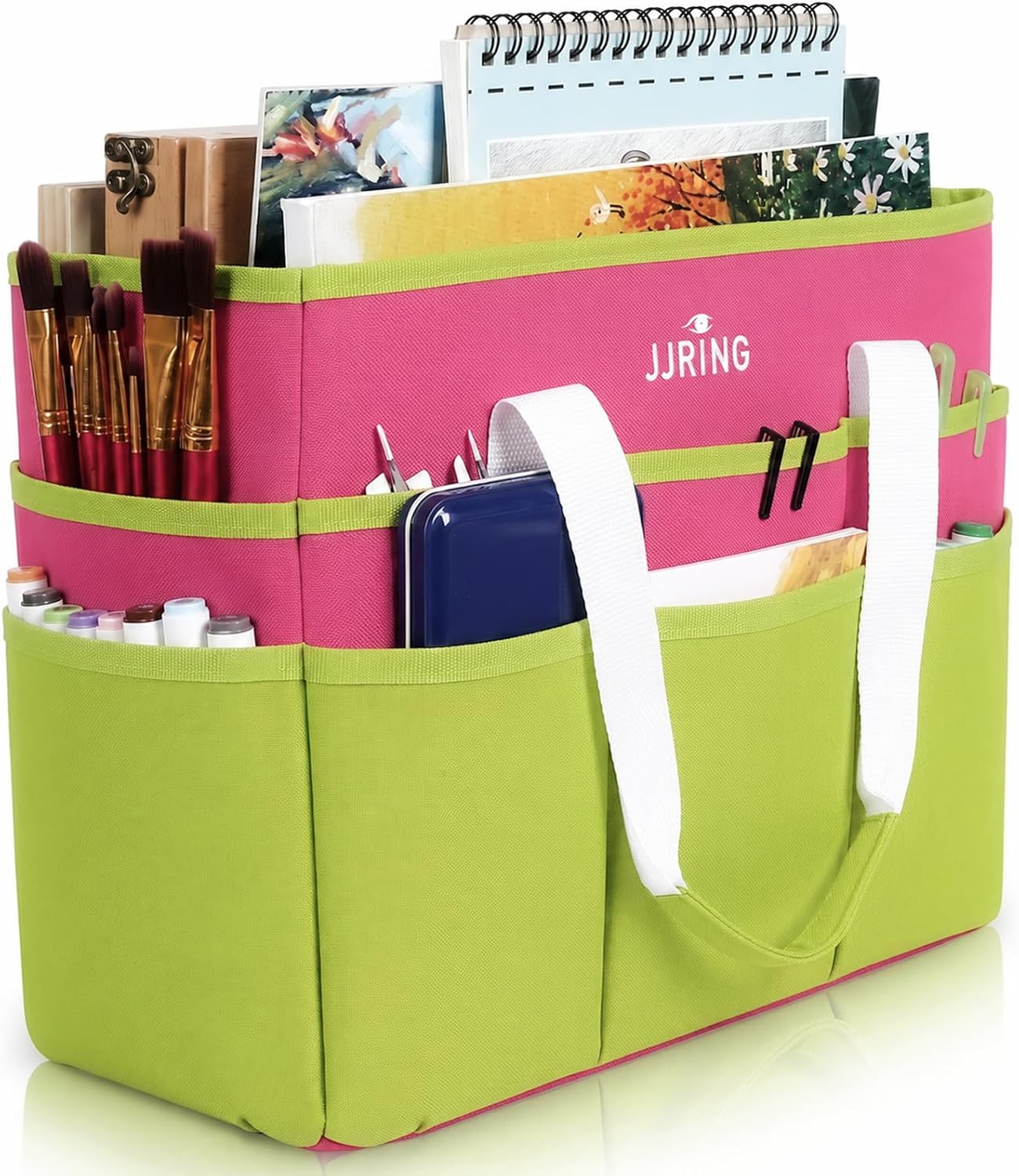 JJRING Craft Organizer Tote Bag Large Art Storage Caddy Bright Green&Red