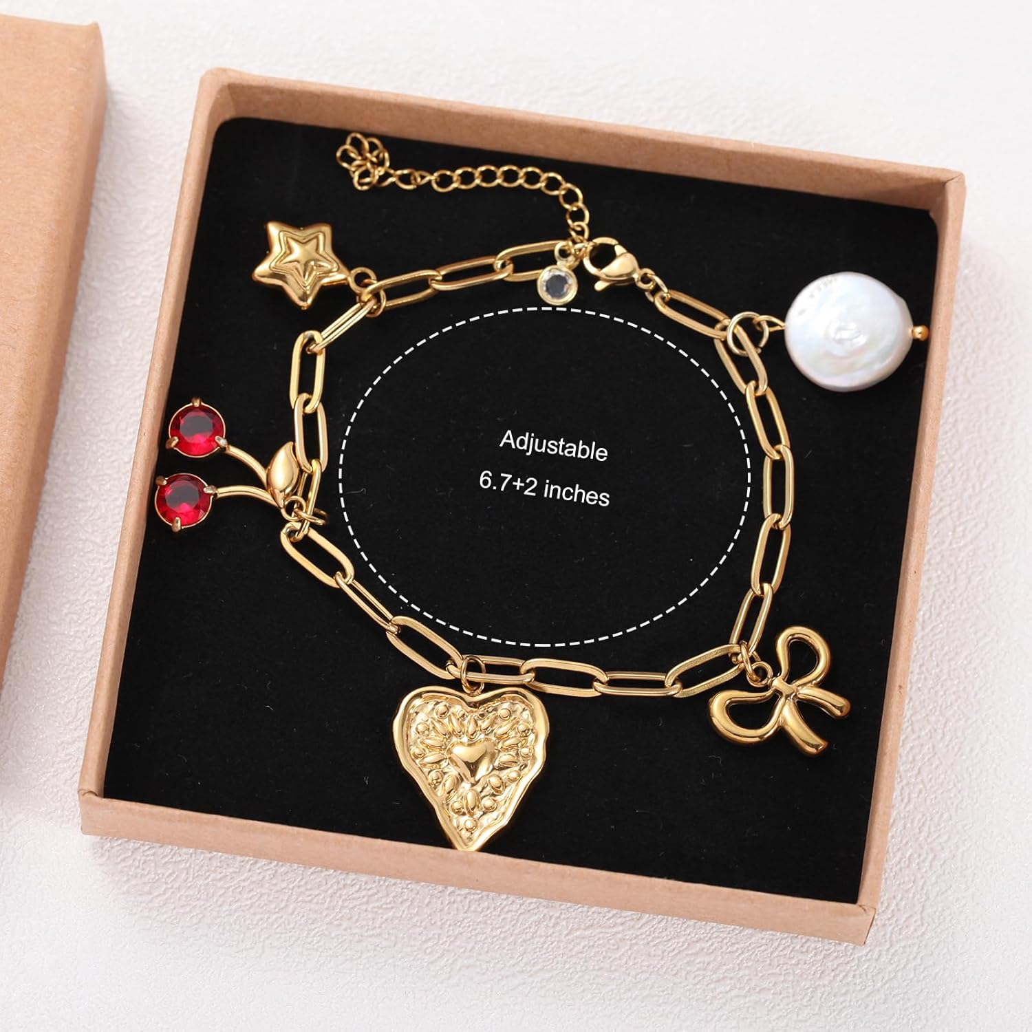Dainty Charm Bracelet Adjustable Paperclip Chain Bracelet for Women with Love Heart Bow Cherry Star Pearl Charm Trendy Dangle Jewelry Gifts for Her - Image 6