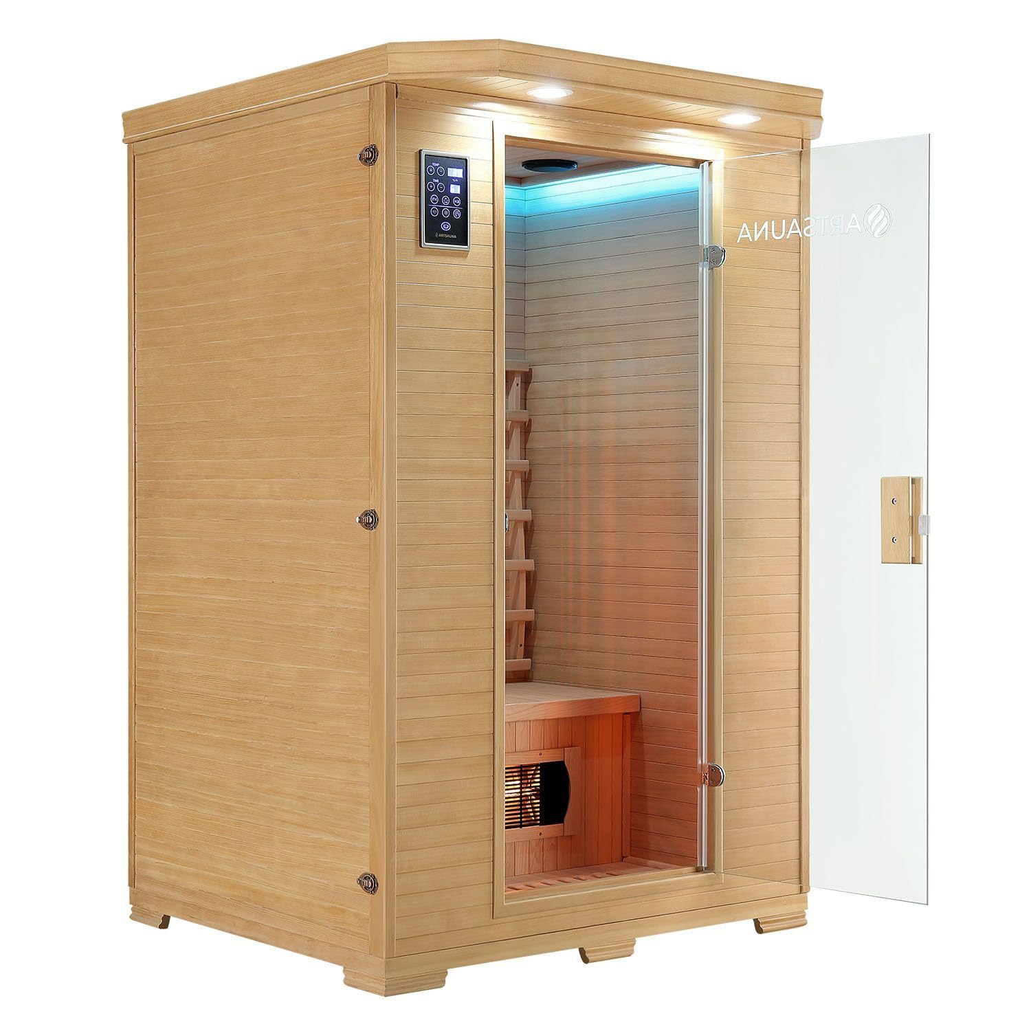 Artsauna Infrarotkabine Oslo - Wärmekabine Vollspektrumstrahler für 2 Personen - LED-Farblichttherapie - Infrarotsauna 120x100 cm aus Hemlockholz
